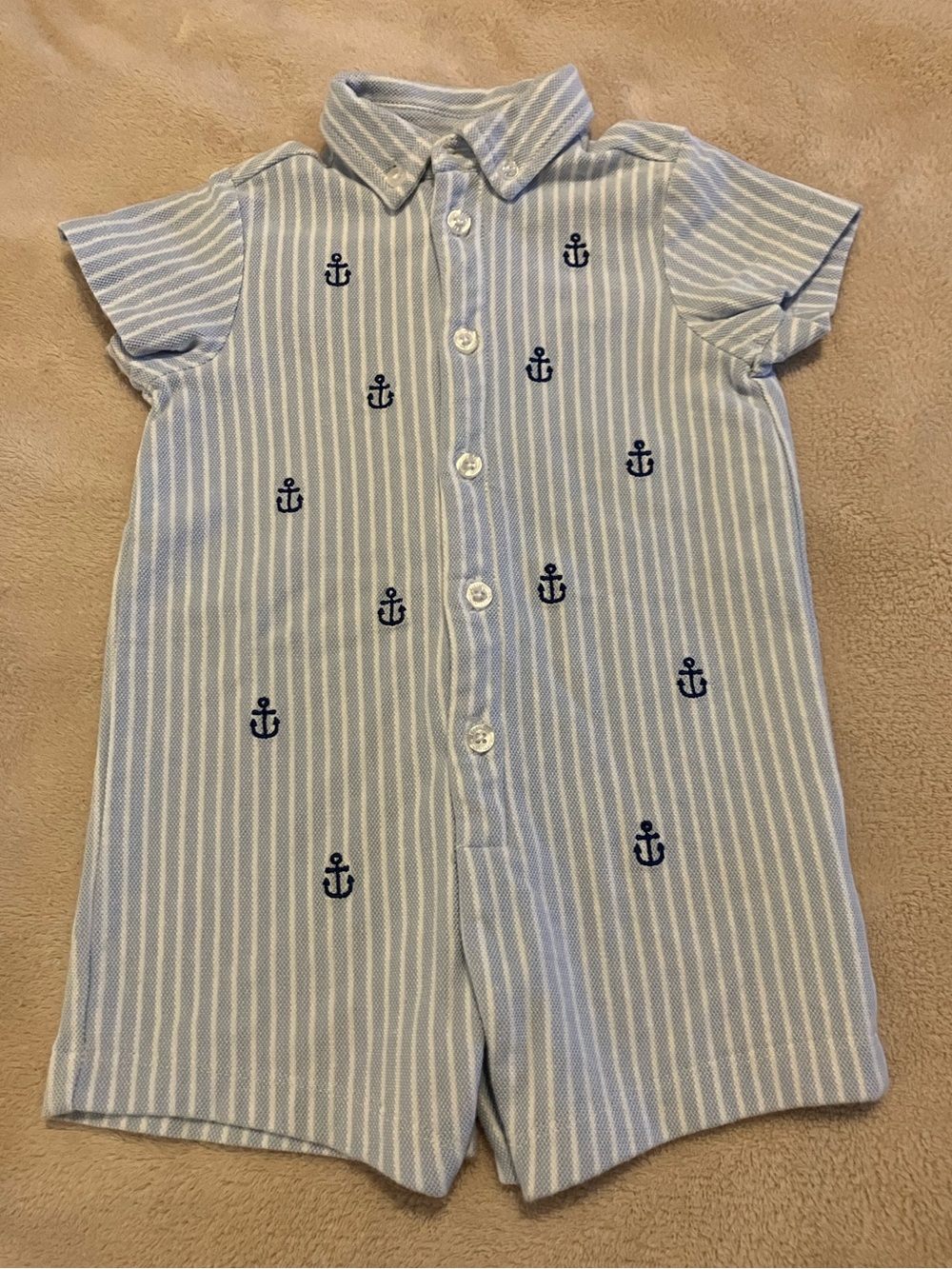Little Me Baby Boy 9M Blue Stripe Anchor Romper Nautical